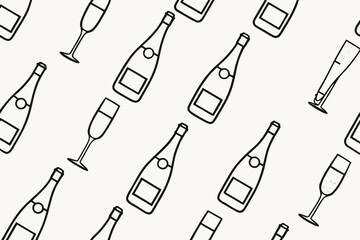 Seamless pattern of hand drawn champagne bottles and glasses celebration festive background