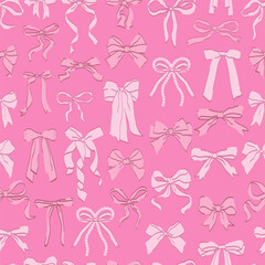 Cute pink ribbon bow seamless pattern. Coquette girly hand drawn gift ribbon bow doodle background.