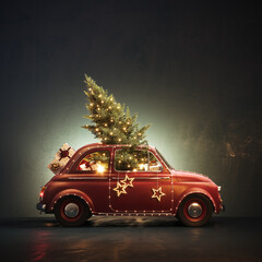 Old red car with Christmas tree and Christmas presents on dark green background. Christmas greeting card design. 3D Rendering, 3D Illustration