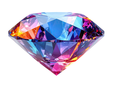 Vivid, faceted gemstone with bright, colorful reflections, set against black