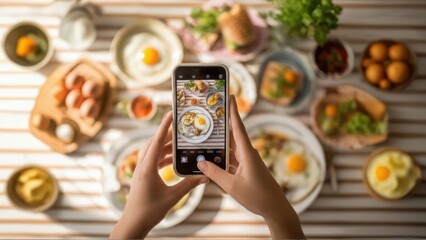 Top view of a food blogger's hands taking a smartphone photo of a cozy breakfast flat lay, capturing eggs and toast for a social media post.