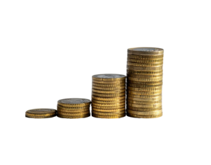Coins stacked high. Increasing columns represent financial growth against a black background