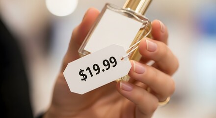 A hand holding a product with a price tag, symbolizing retail.