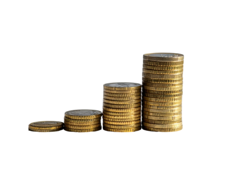 Coins stacked high. Increasing columns represent financial growth against a black background