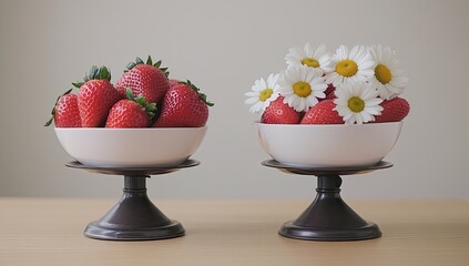 Strawberries, daisies in bowls on stands. Still life