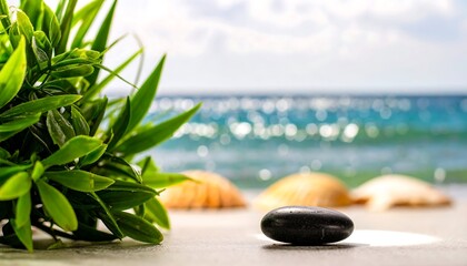 Calm beach scene with greenery and stone