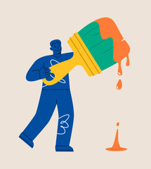 Man holding large paintbrush. Colorful vector illustration