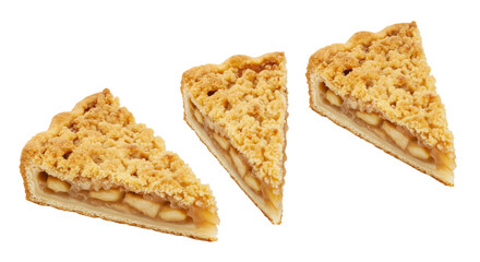 Three slices of golden apple crumble pie isolated, delicious dessert with fruit filling and buttery topping on transparent background