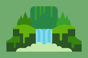 Stylized flat design of a lush green waterfall cascading into a misty pool