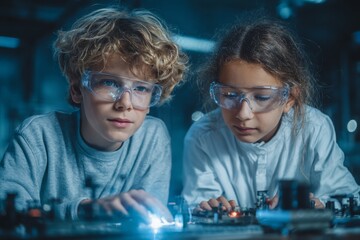 Two young students wearing safety goggles are working on an electrical circuit, immersed in learning about science and technology with focus and collaboration.