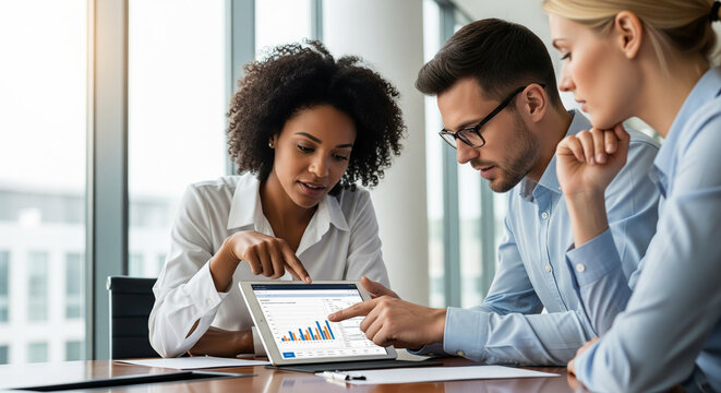  A diverse group of three business professionals (30s-40s) intensely focused around a tablet displaying a financial report, with one pointing to a key figure. They are in a sleek, modern boardroom wit