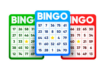 Lottery tickets. Lotto bingo cards with numbers, keno gambling. Colorful betting sheets with lucky numbers. Gaming industry and casino advertising. Vector Illustration.