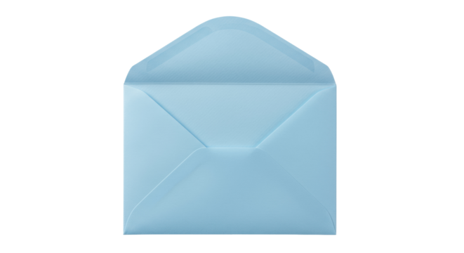 Light blue envelope isolated on transparent background, open square envelope for invitations and greetings in PNG format