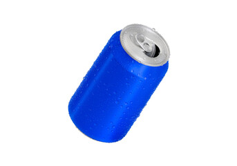 Top view. Open blue Aluminum soda can with water drops, transparent background