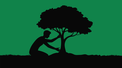A silhouette of a person embracing a tree shows environmental care and connection to nature, symbolizing conservation and ecological awareness