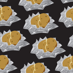 Cute seamless pattern with potatoes in foil. Vegetable harvest print. Summer or autumn background. Vector flat illustration. Black background.