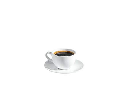 A steaming cup of dark coffee sits on a saucer against a stark black background