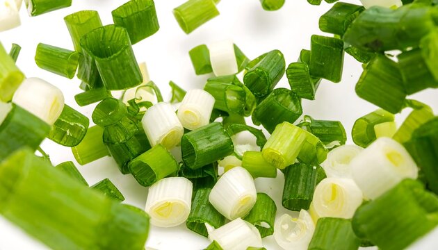 Chopped green onions scattered on white background - Powered by Adobe