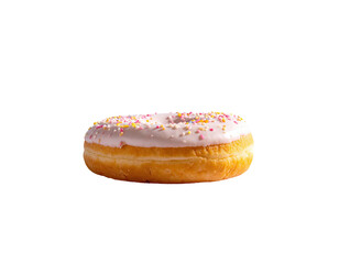 A single frosted donut with colorful sprinkles, isolated on a stark black background