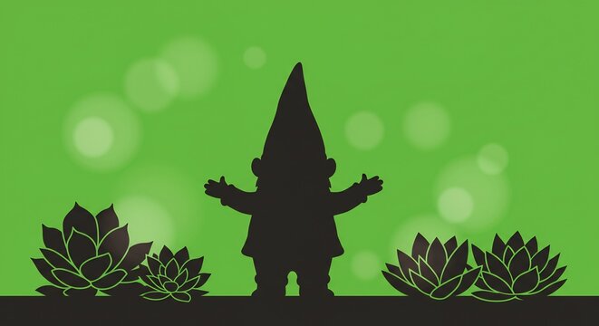 黒い庭のノーム像と緑の背景に多肉植物があります。