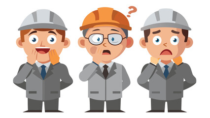 Three men with hard hats and glasses, engaged in discussion at a construction site..eps