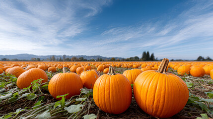 Vibrant orange pumpkins scattered across a vast field under a bright blue sky, showcasing the beauty of autumn harvest and seasonal abundance in a picturesque landscape