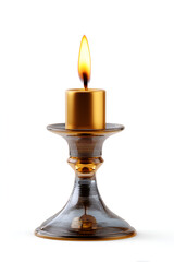 Elegant glass candle holder with a golden candle lit, showcasing warm light and reflections, perfect for creating a cozy atmosphere in home decor settings