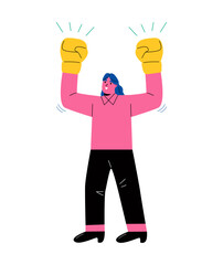 Business woman  wearing boxing gloves gesturing win. Flat vector illustration isolated on white background
