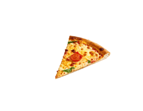 A single, isolated triangular slice of pizza with cheese and a tomato