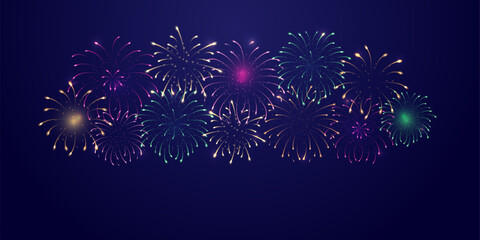 Colorful exploding fireworks in the night sky. Celebration card, festival banner, New Year decoration. 3d realistic firecracker