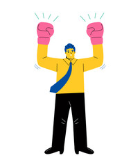 Business man  wearing boxing gloves gesturing win. Flat vector illustration isolated on white background