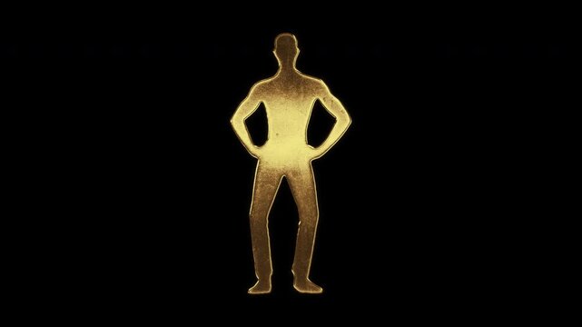 Man with hands on hips with slightly reflected outlines on a gold foil-like surface, loop, alpha channel

