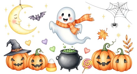 Halloween themed illustration with pumpkins, ghost, and moon isolated on white
