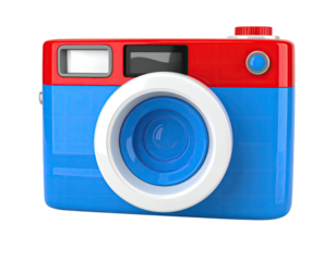 Graphic, colorful camera with blue and red sections and a white lens surround