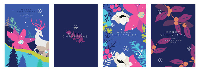 Set of modern Merry Christmas greeting cards with floral and winter elements. Vector illustration with deer, flowers, leaves, berries, snowflakes. Festive holiday design for posters, prints.