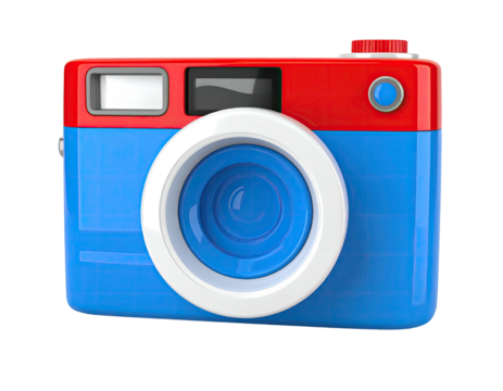 Graphic, colorful camera with blue and red sections and a white lens surround