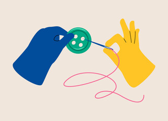 Hand holding needle to sew buttons. Colorful vector illustration