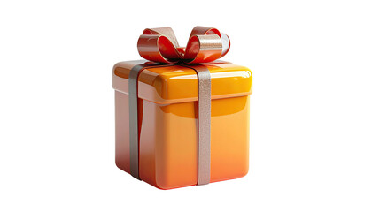 A vibrant orange gift box with a shiny red bow against a pure black background
