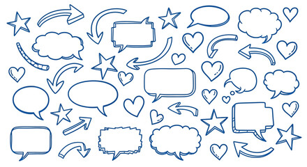 Obraz premium A collection of hand-drawn blue doodle elements including speech bubbles, thought clouds, arrows, stars, and hearts on a white background.