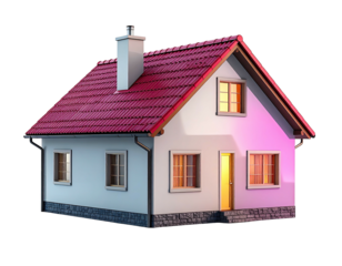 Cartoon-like house with red tiled roof, windows, chimney, and glowing doorway