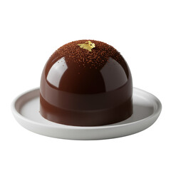 Dark chocolate truffle with high-gloss finish, cocoa powder, gold flake, on minimalist white plate, seamless transparent background, macro studio shot, luxurious dessert concept