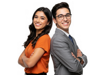 Two confident business professionals stand back to back isolated on transparent background
