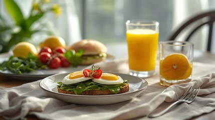 A beautifully prepared gourmet breakfast with avocado toast and a fried egg in bright morning light