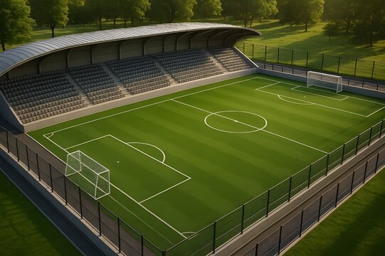 This is an elevated view of a smaller-scale football pitch (or soccer field), likely a training ground or a local community stadium. The image focuses on the playing field and the main grandstand.