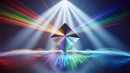 Metallic prism refracting white light into rainbow spectrum with holographic data – Ideal for innovation, science, or data analysis visuals