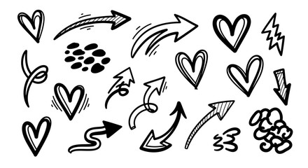 A collection of hand-drawn doodle elements including hearts, arrows, and abstract shapes.