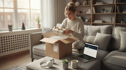 Joyful young woman unboxing a delivery package on her couch at home, feeling excited and satisfied with her online shopping purchase or gift.