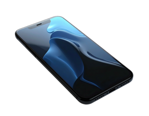 A sleek black mobile phone, angled, showcasing a flowing blue digital wallpaper