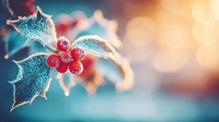 Frosty holly berries glistening in winter sunlight with blurred background