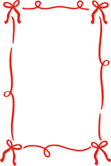 Rectangle red ribbon bow frame. Hand drawn aesthetic vertical border. Whimsical vector illustration. Trendy art for Christmas, Valentines day, birthday, menu, bachelorette party design line art.